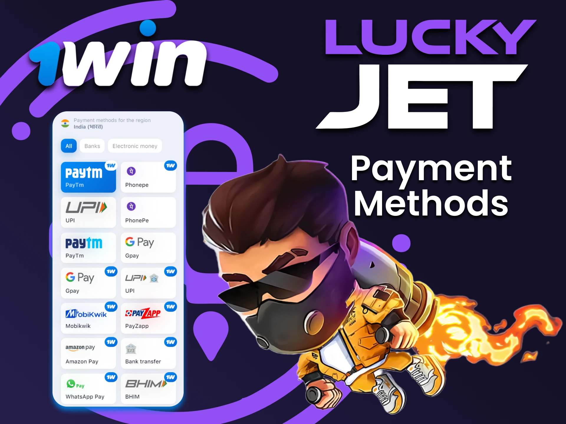 Use the convenient way to transfer funds for the game Lucky Jet from 1win.