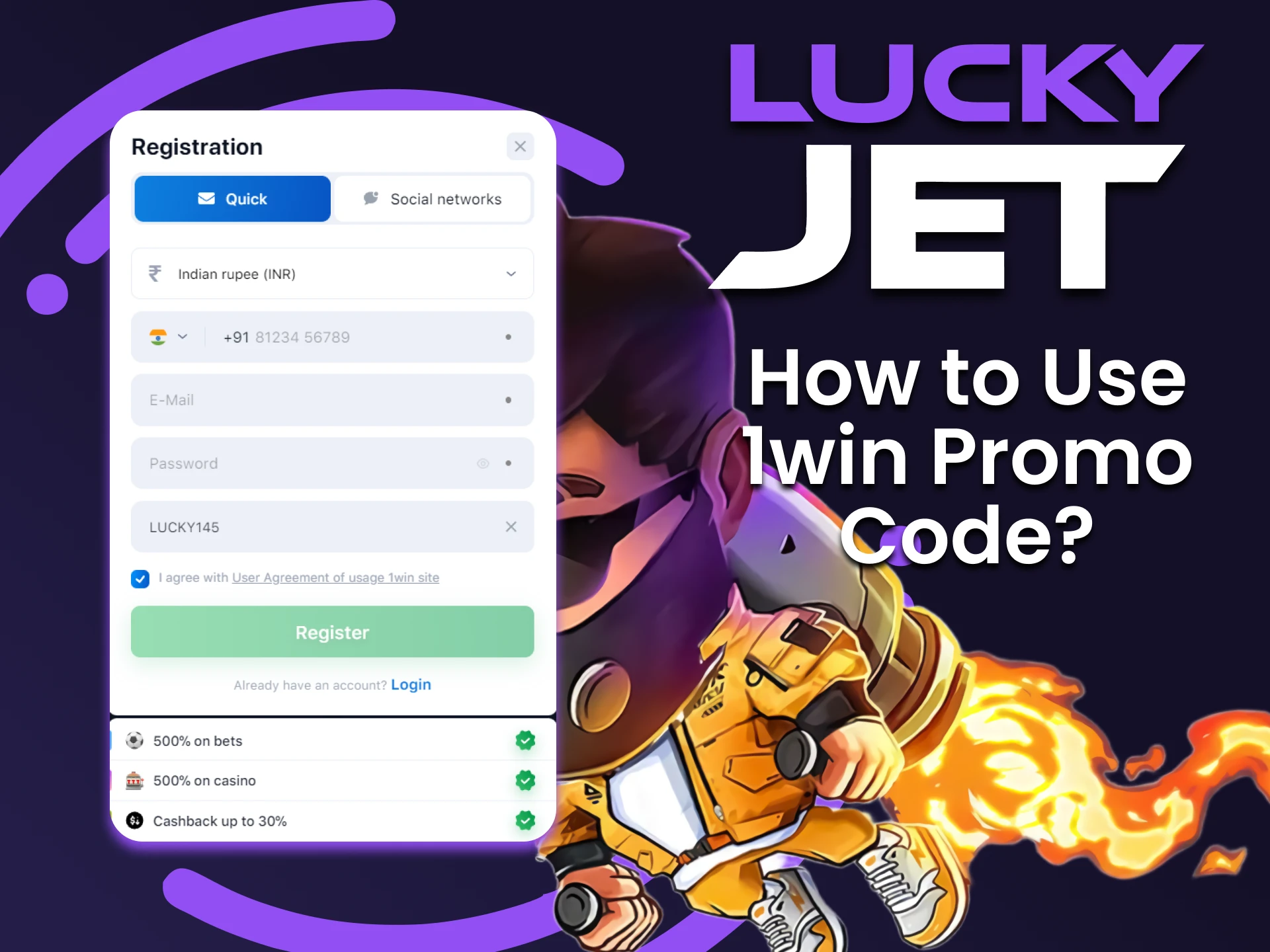 Use the promo code for the game Lucky Jet from 1win.