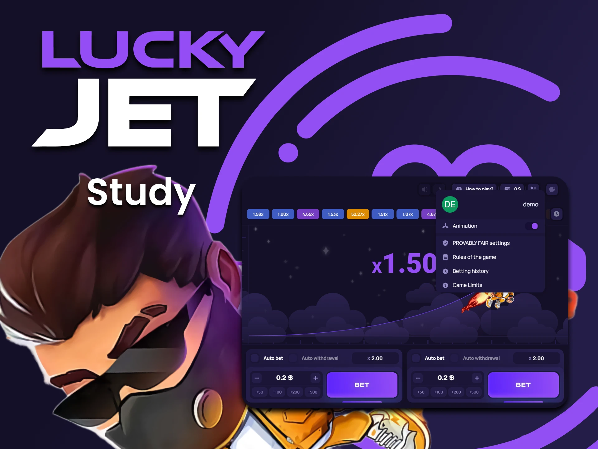 Learn the rules and train in a special version of Lucky Jet.