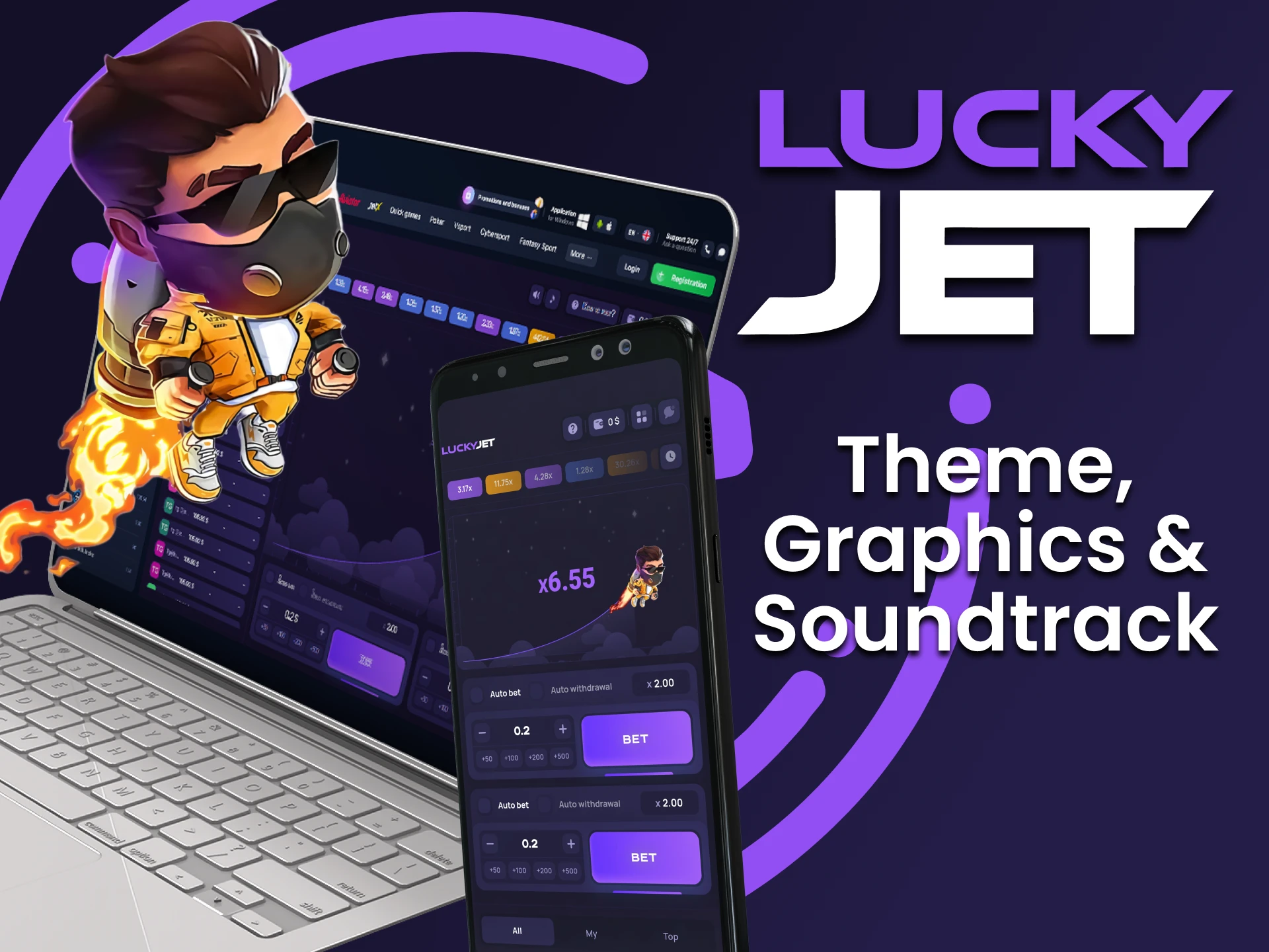 Lucky Jet game has good music background, elaborate graphics and atmospheric game theme.