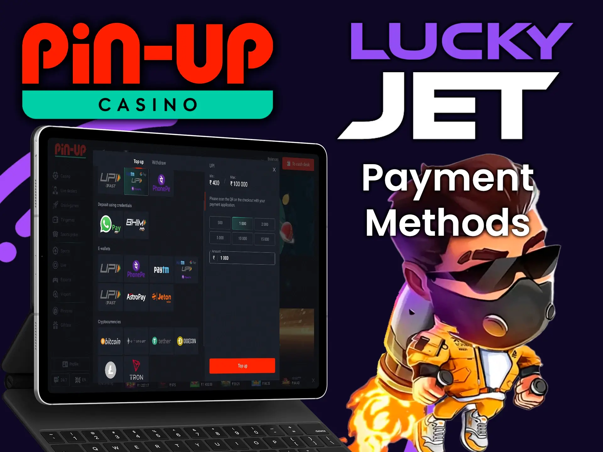 Use the convenient way to transfer funds for the game Lucky Jet from Pin Up.