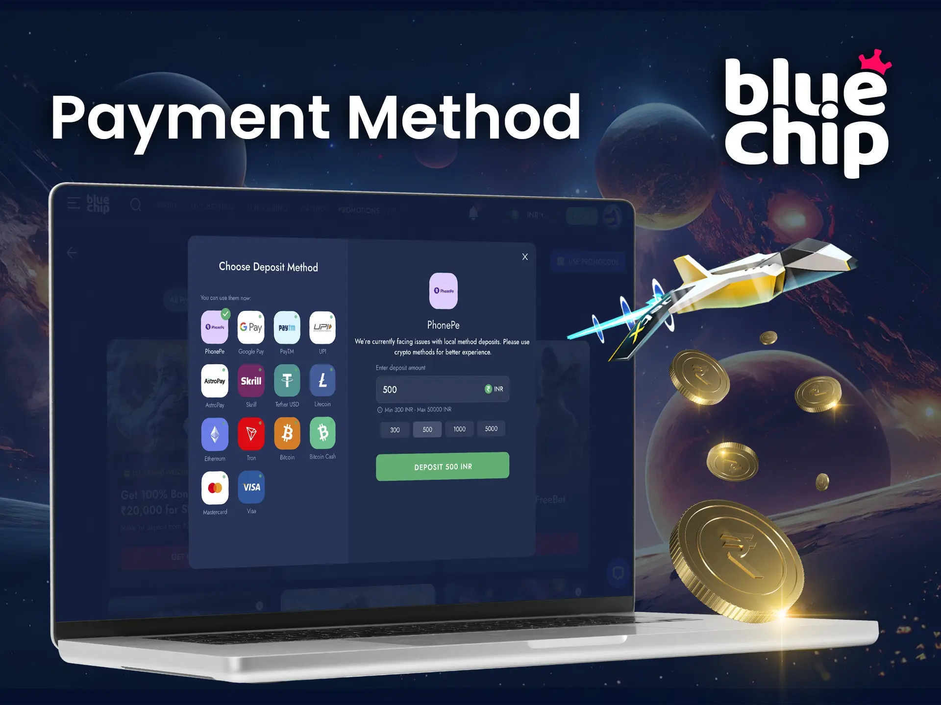 Use favourable and convenient for you deposit methods at Bluechip Casino.