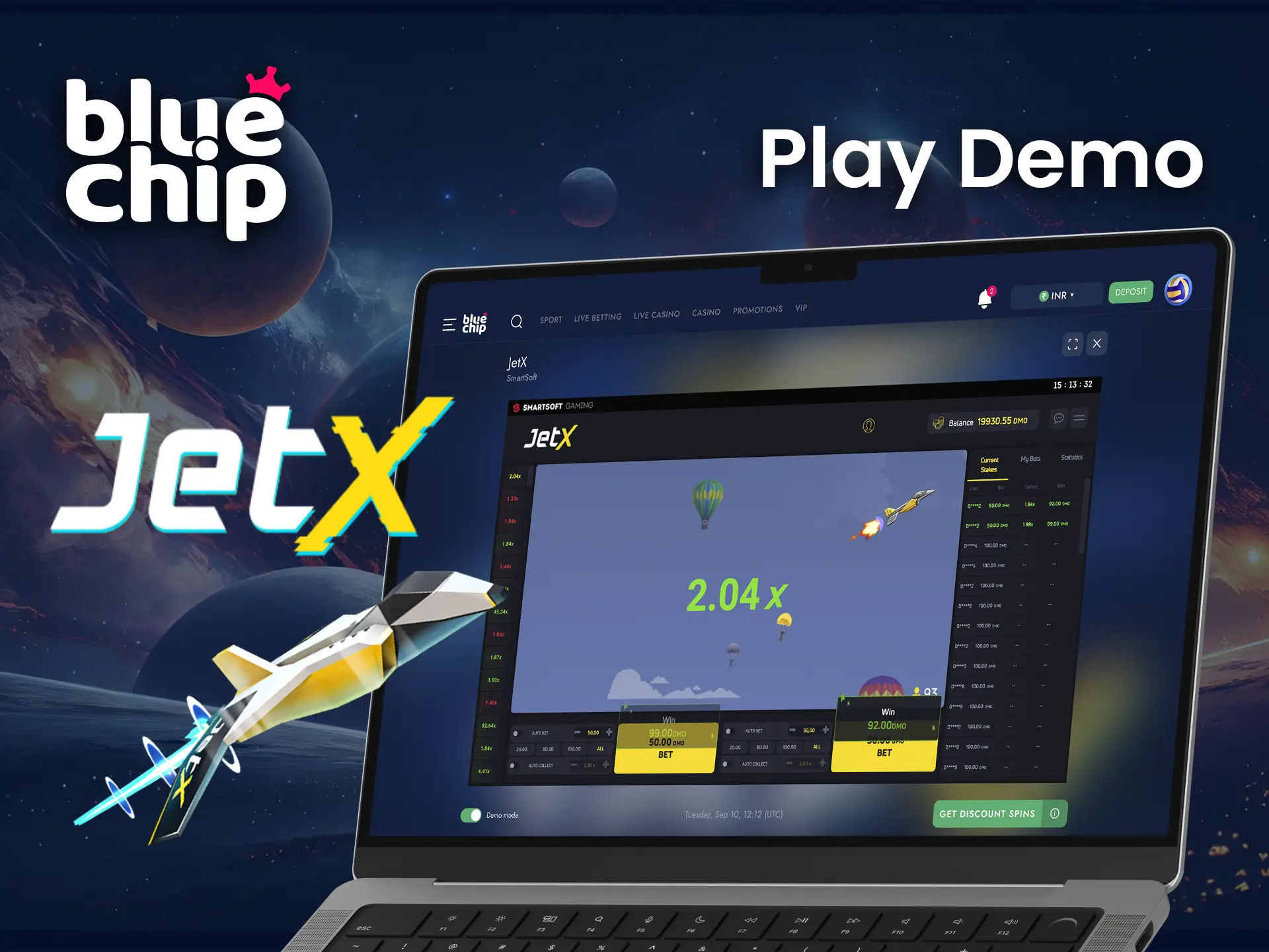 Play Jetx demo games from Bluechip Casino where you will have a great opportunity to try out your tactics and gain experience.