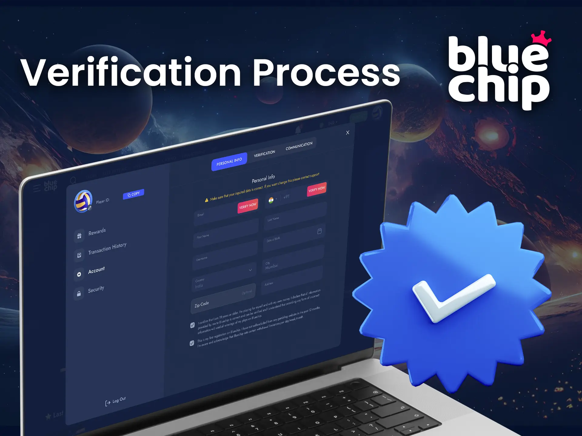 Confirm your identity to open withdrawals and all features of the Bluechip website.